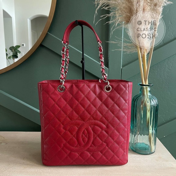 CHANEL Handbags - Chanel Vertical GST PST Grand Shopping Tote Caviar Red Silver HW 17 series